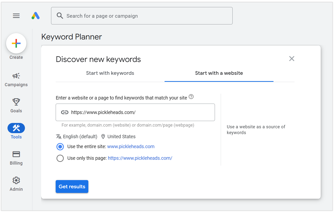 Website zum Google Keyword-Planer hinzufügen